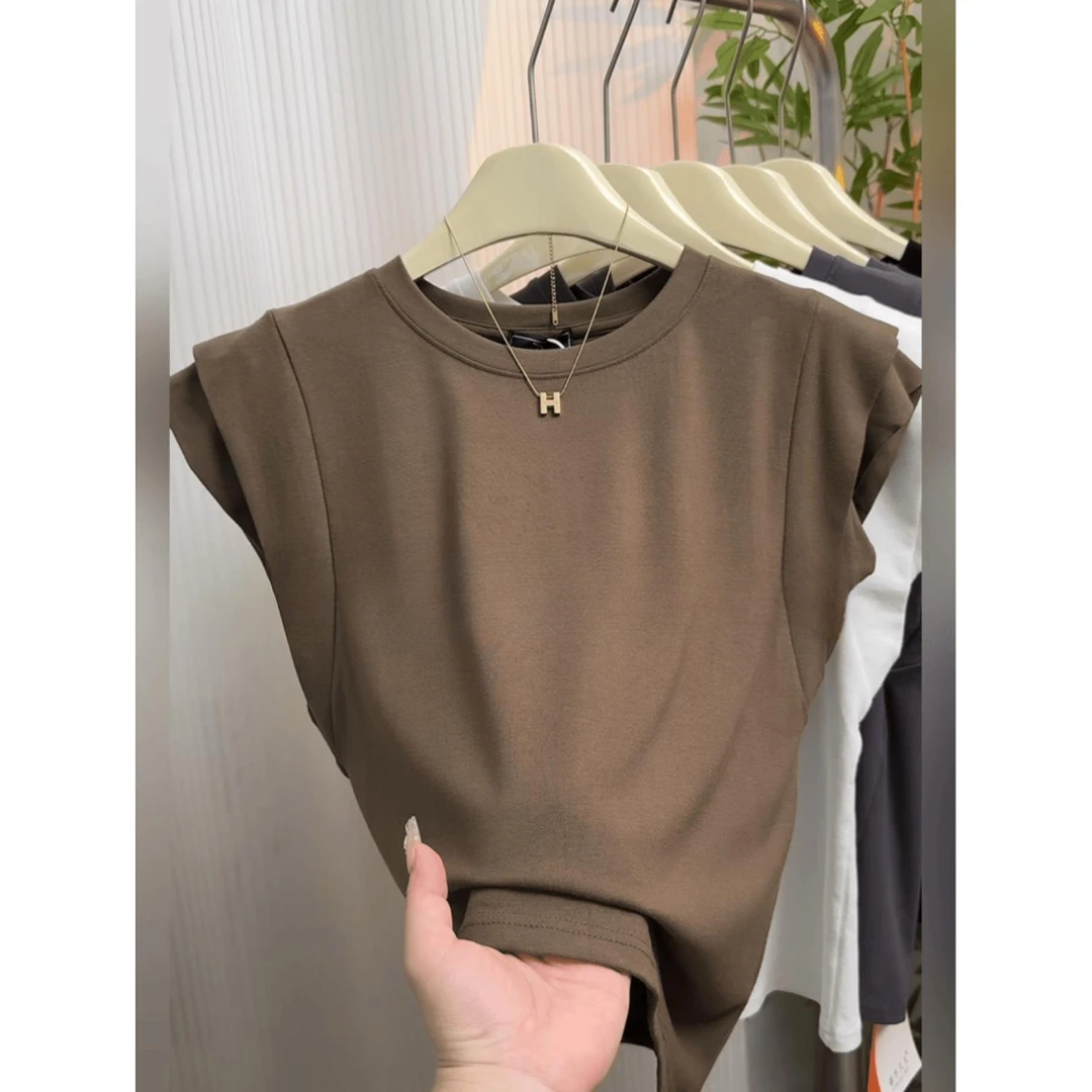 欧货网红爆款圆领T恤女夏新款洋气小飞袖显瘦简约高级感弹力上衣