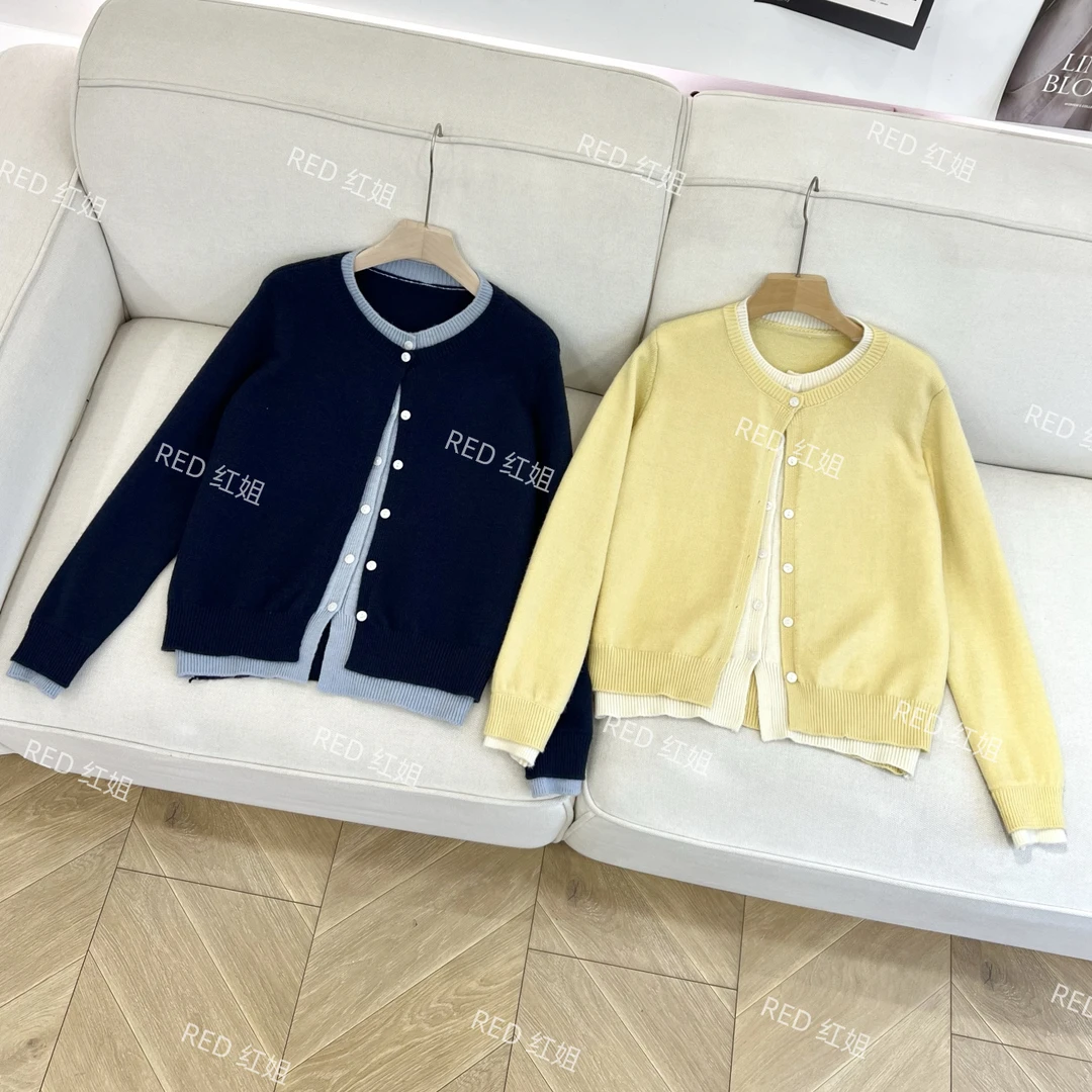 2025春款新款撞色假两件针织开衫韩版显瘦长袖毛衣小衫7793