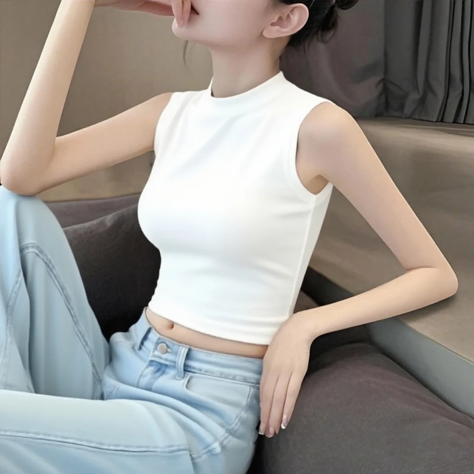 白色半高领无袖背心女新款夏季工字运动显瘦修身短款露脐外穿上衣