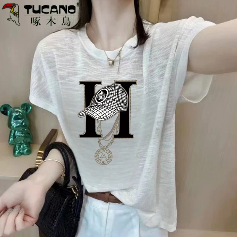【啄木鸟】大码200斤竹节棉印花T恤女2025新款夏季宽松减龄时尚上衣
