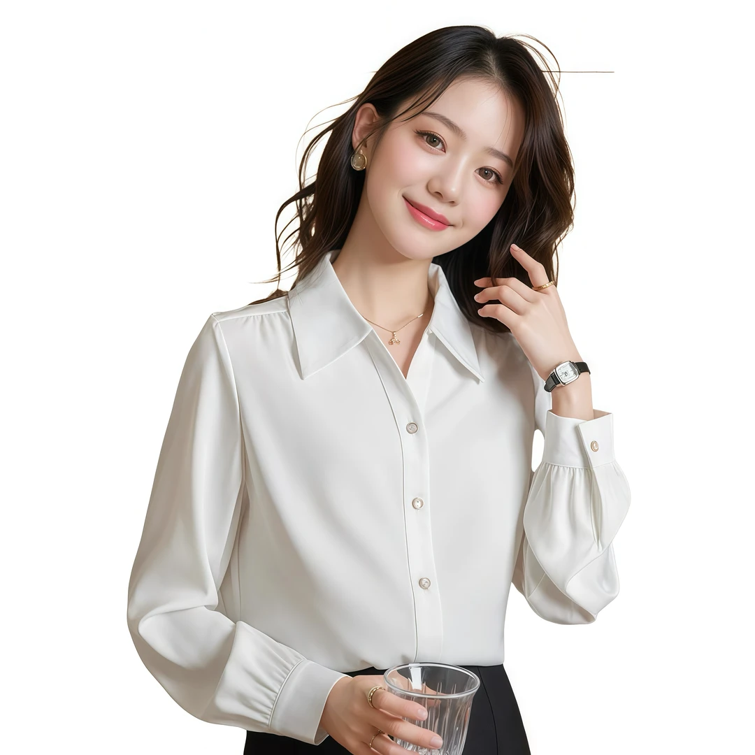 新款白色衬衫女v领长袖衬衣通勤抗皱免烫春装缎面上衣长袖衬衫女