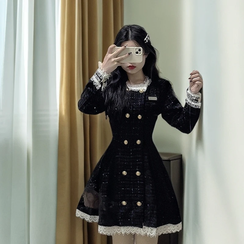 微胖mm法式复古小香风长袖连衣裙女秋冬高级感收腰显瘦气质短裙子