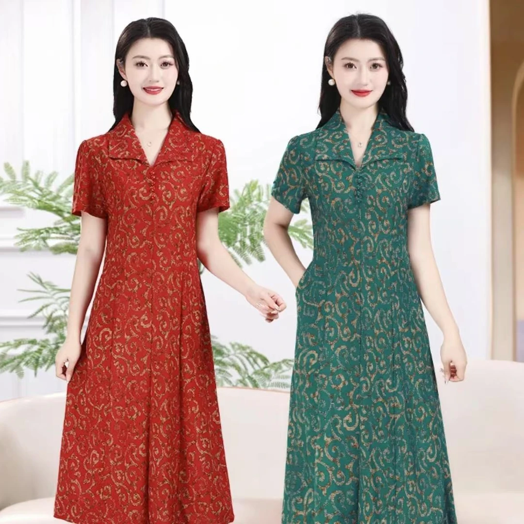 妈妈装夏季翻领短袖连衣裙遮肉显瘦时尚减龄洋气