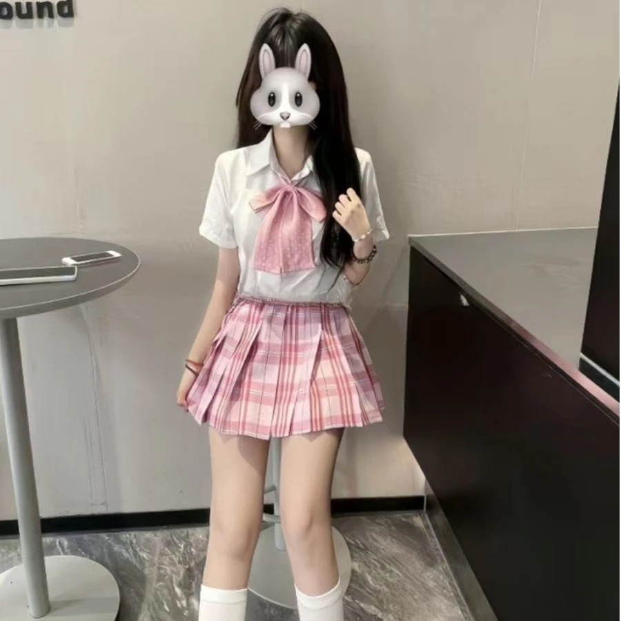 女夏季通勤套装JK原创制服衬衫纯欲百褶裙套装夏季甜美粉格裙