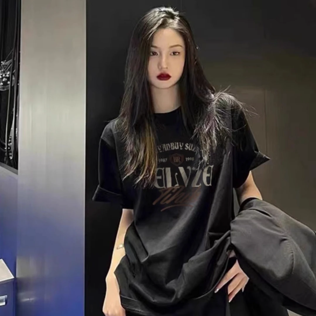 设计感潮牌黑色短袖T恤女2025夏季新款美式宽松纯棉复古短袖上衣