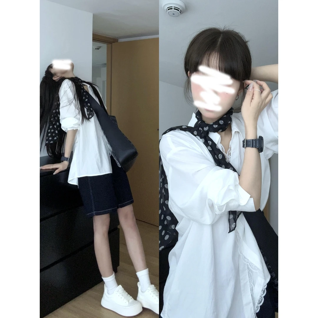 MARIE.COCO春夏季新款韩系复古纯色蕾丝拼接长袖衬衫女五分裤套装