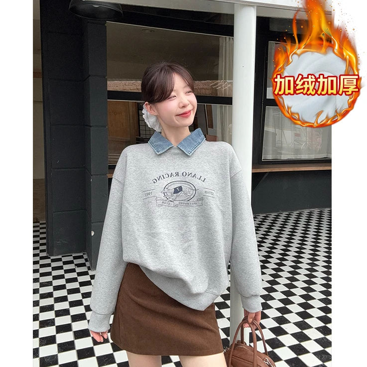 SM潮流韩版宽松卡通POLO领假两件减龄卫衣女秋冬新款加绒加厚上衣