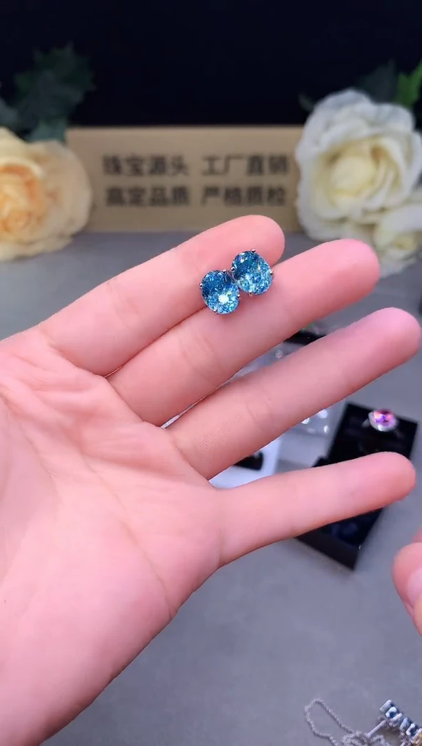 银S925镶嵌耳钉帕拉依巴碧玺1010