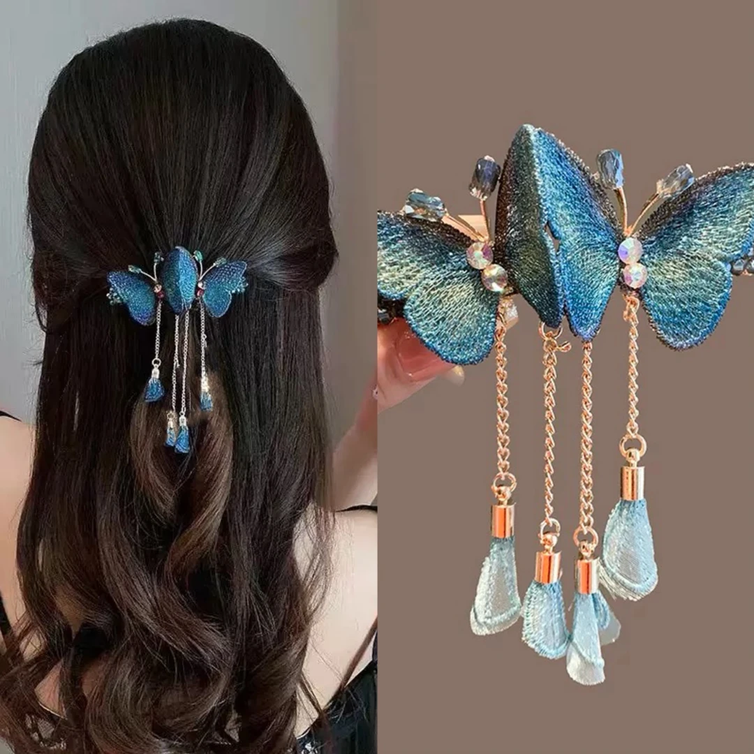 梦幻蓝~气质刺绣蝴蝶流苏弹簧夹发卡发夹女侧边古风夹子优雅头饰