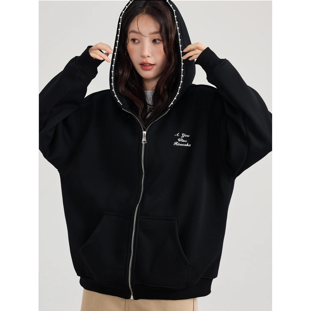 爱蔷薇大码钉珠连帽加绒卫衣开衫女深秋初冬外套慵懒上衣GT74807