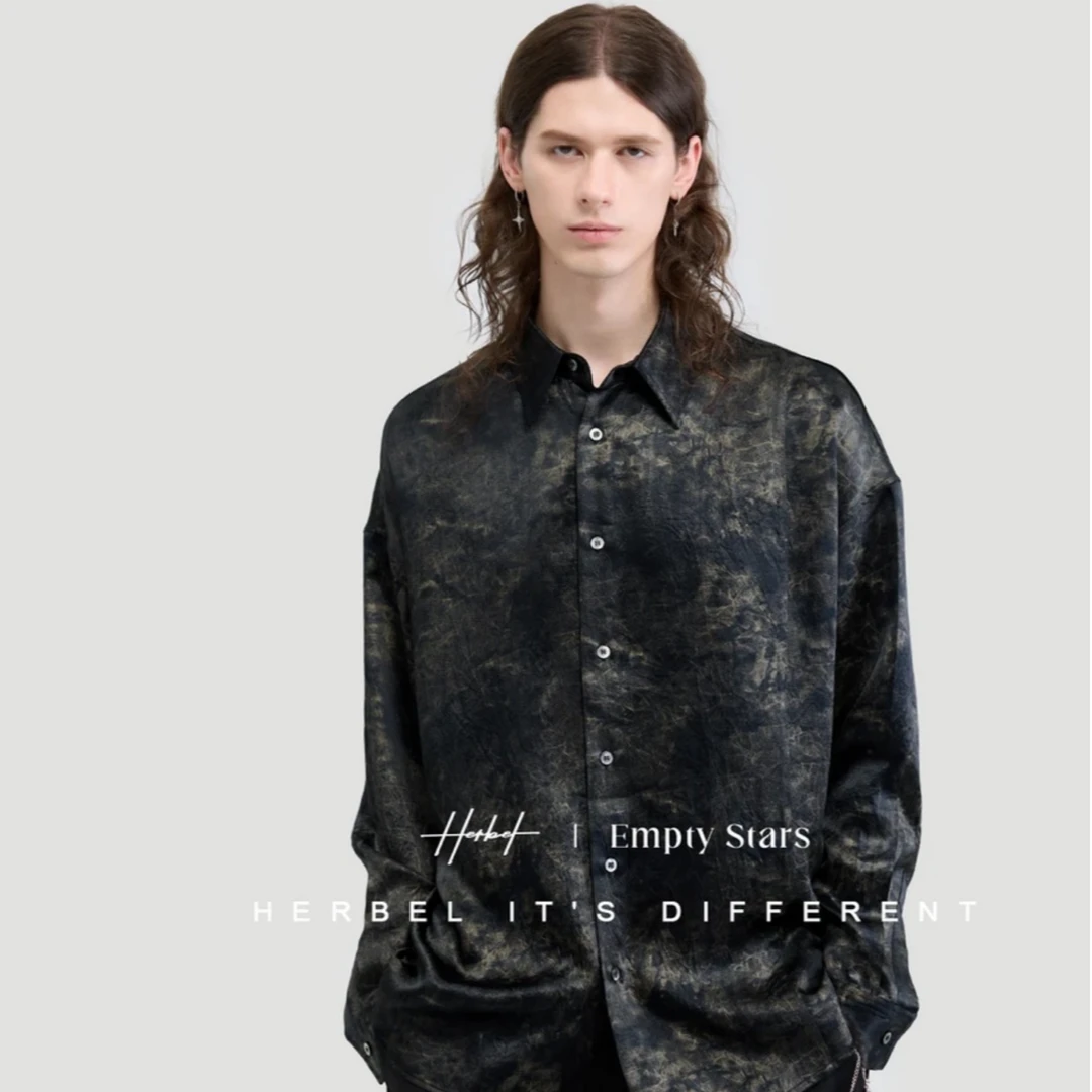 HERBEL/黑白2025/春季男士长袖100%醋酸衬衫外套潮流宽松时尚1689