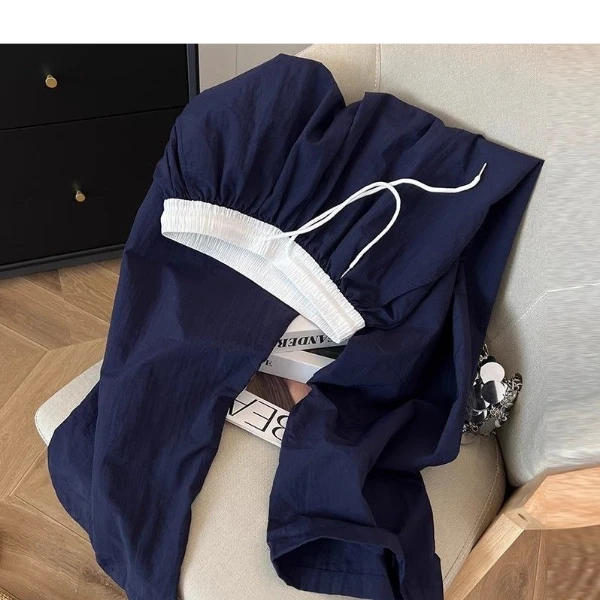 双色腰拼接休闲直筒裤女小个子夏季潮流显瘦长裤百搭运动韩版卫裤