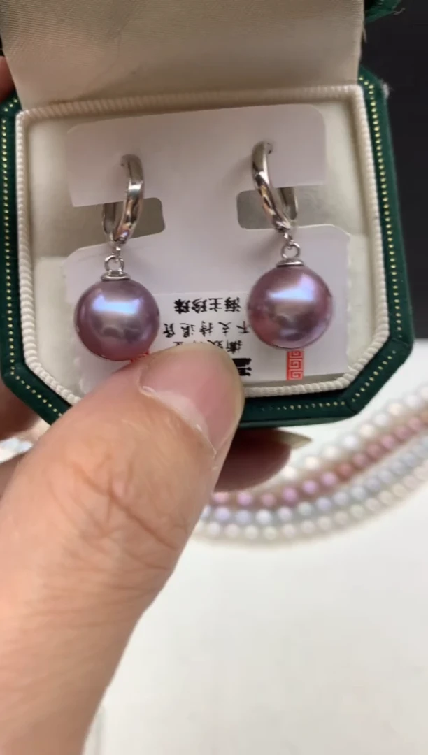 银S925镶嵌ff淡水珍珠紫珠耳饰11~12mm