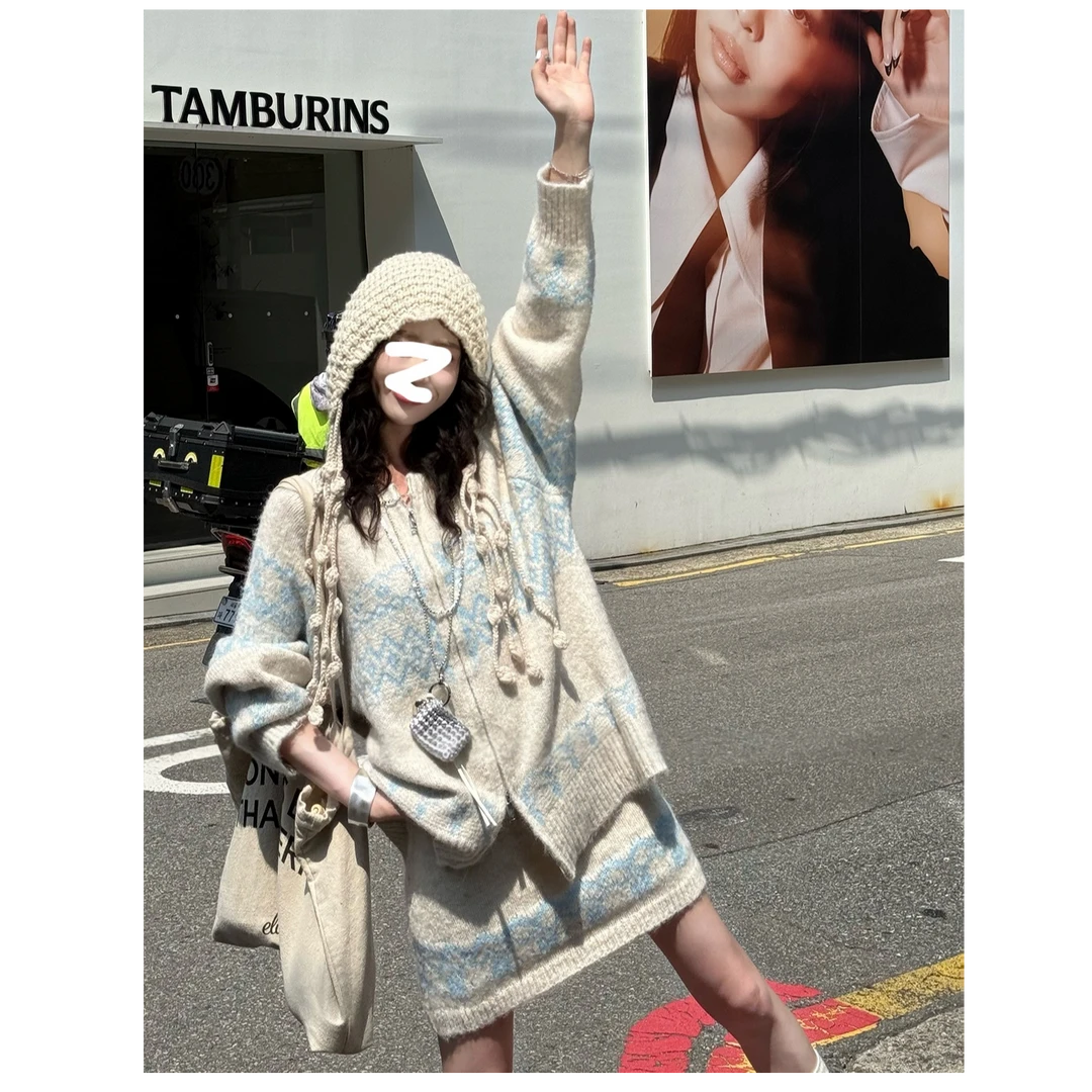 2025秋冬时尚毛衣套装慵懒风宽松毛衣开衫百搭高腰半身短裙两件套