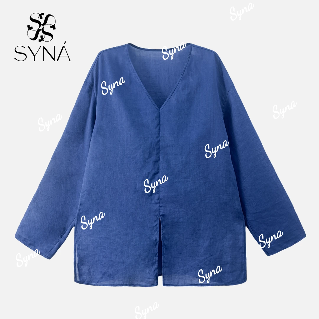 100苎麻文艺复古V领长袖衬衣