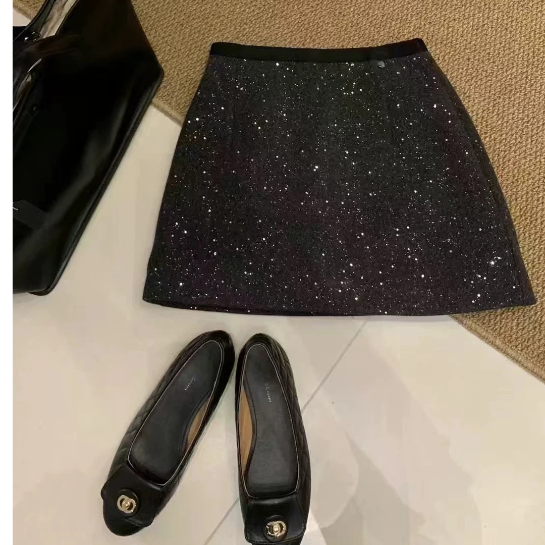 韩系高级感亮片半身裙秋冬新款纯欲高腰显瘦A字包臀短裙