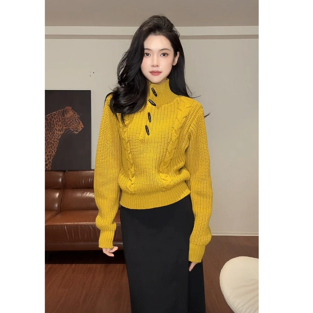 ZOUYASHIFA 麻花纽扣立领毛织上衣  YSA89268