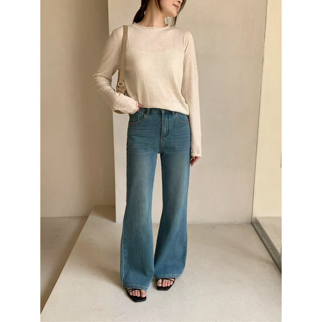 XBR- 66319 韩版浅蓝弹力直筒微喇牛仔裤女秋显瘦高腰阔腿拖地裤
