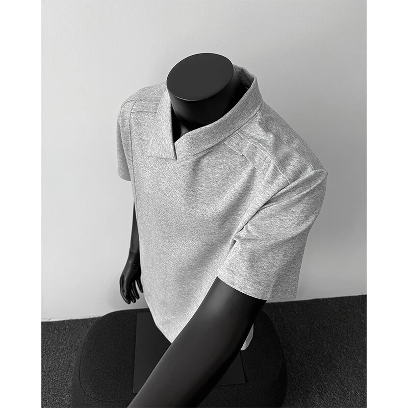 2025夏季美式休闲百搭简约纯色小众翻领宽松短袖男女同款