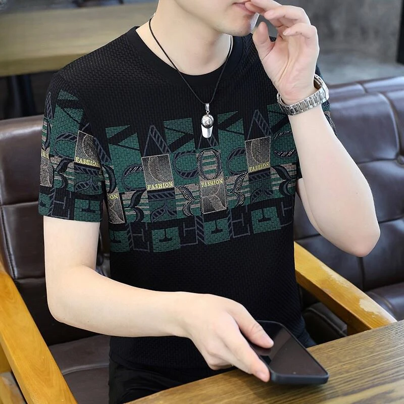 时尚高端个性男款冰丝短袖t恤男潮牌2025夏季新款男士提花半袖T