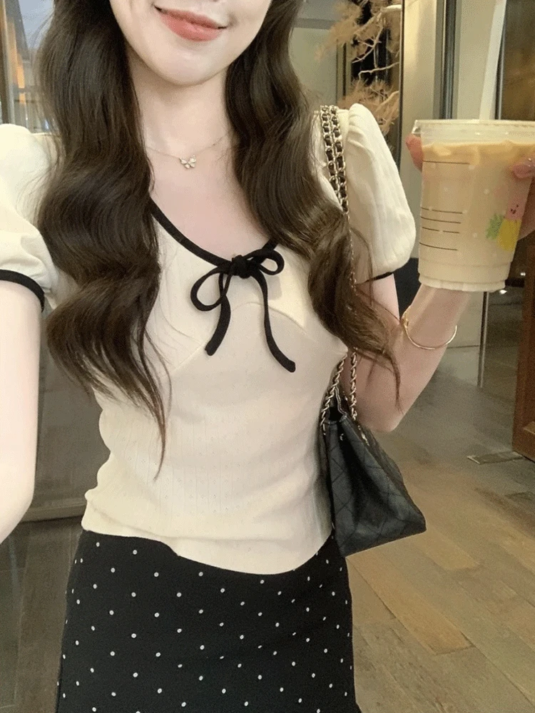 miu系千金风肌理感撞色短袖t恤女夏季设计感小众收腰泡泡袖上衣潮