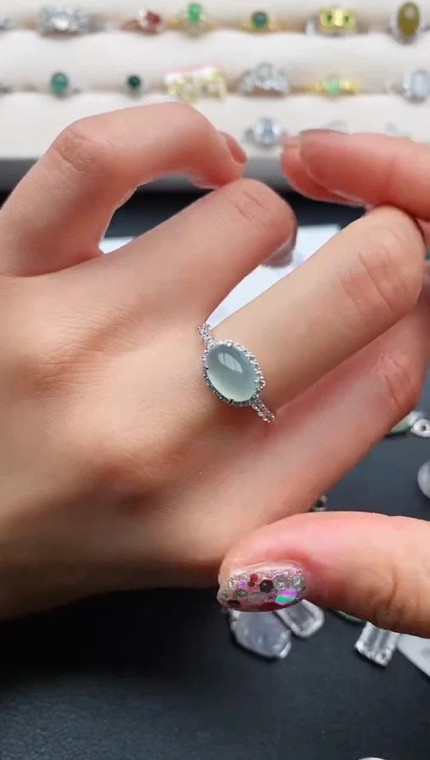 银S925镶嵌戒指翡翠缅甸天然A货翡翠33  4-3