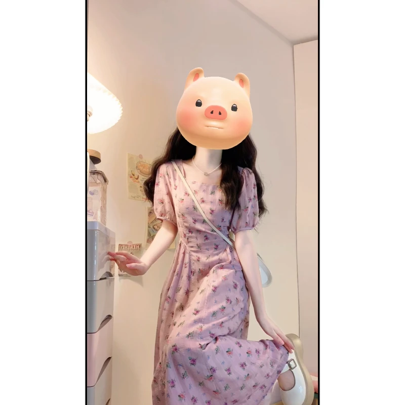 大码【莫奈花园】紫色碎花高级感显瘦连衣裙夏季新款小众法式长裙子