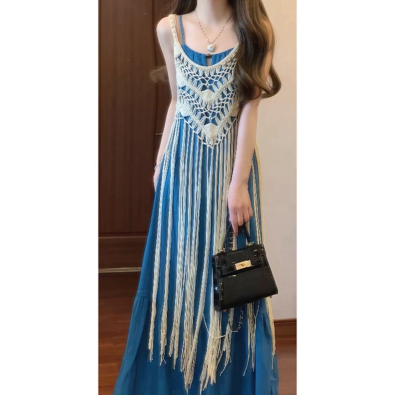 民族风复古镂空针织罩衫波西米亚印花吊带连衣裙度假长裙套装9661