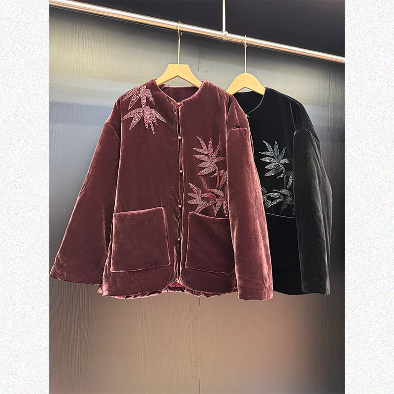 【钉珠丝绒】新中式秋冬款加厚夹棉宽松棉服钉珠丝绒外套7069