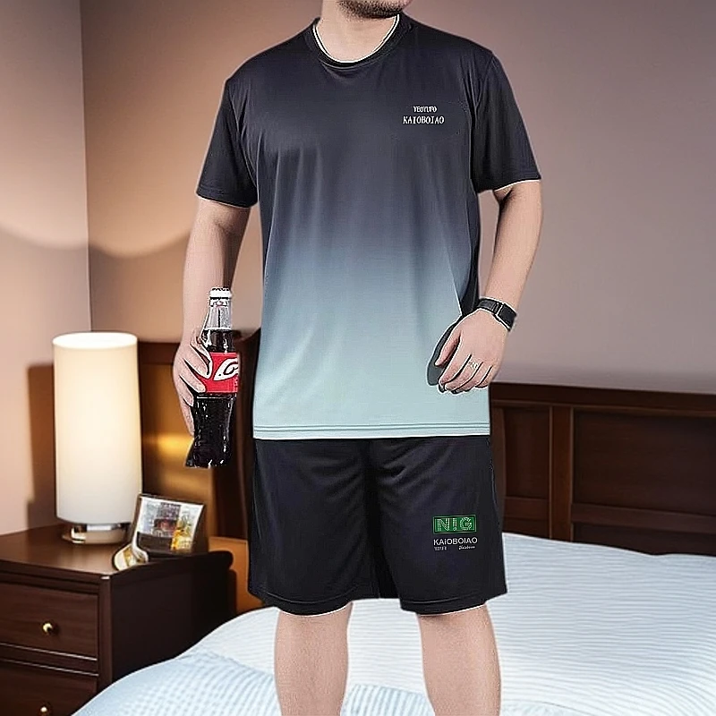 胖子夏季休闲运动套装渐变色扎大码男装加肥加大染短袖T恤搭裤1套