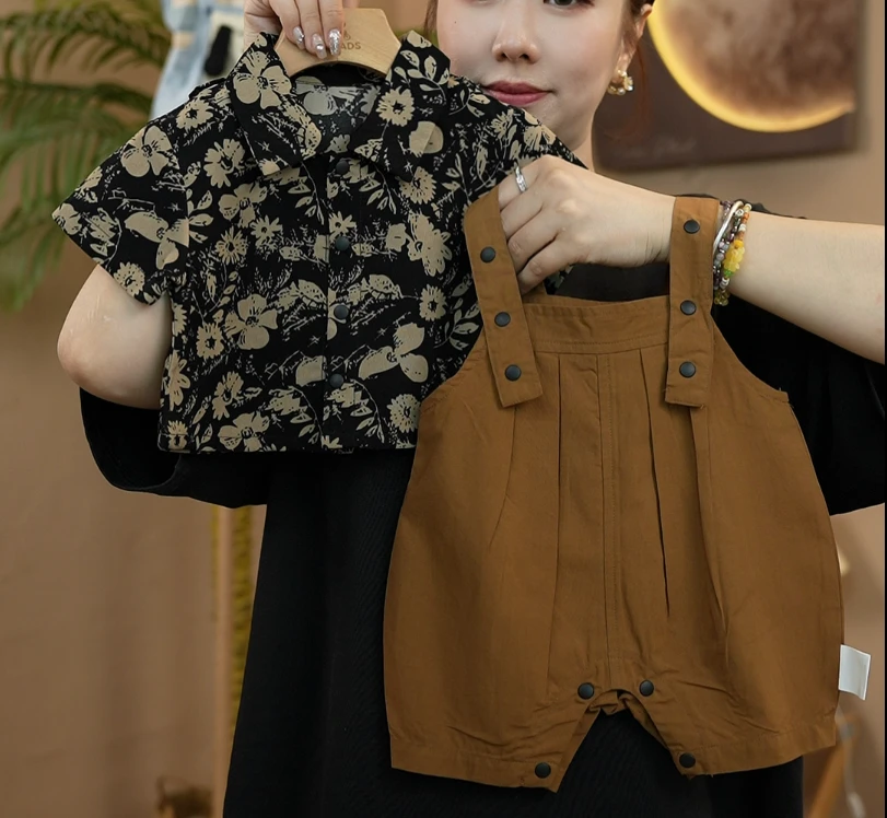 夏季新款连体单排扣爬服夏季复古宽松极简风中性休闲森系哈衣