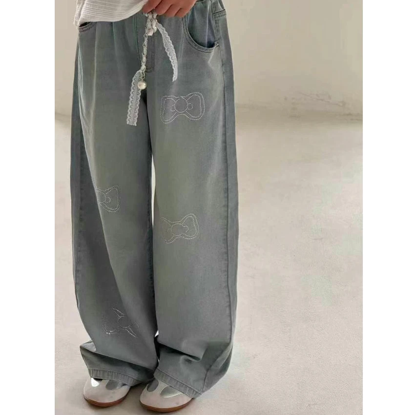 【haobaby】烫钻蝴蝶结丝带链条牛仔裤9739