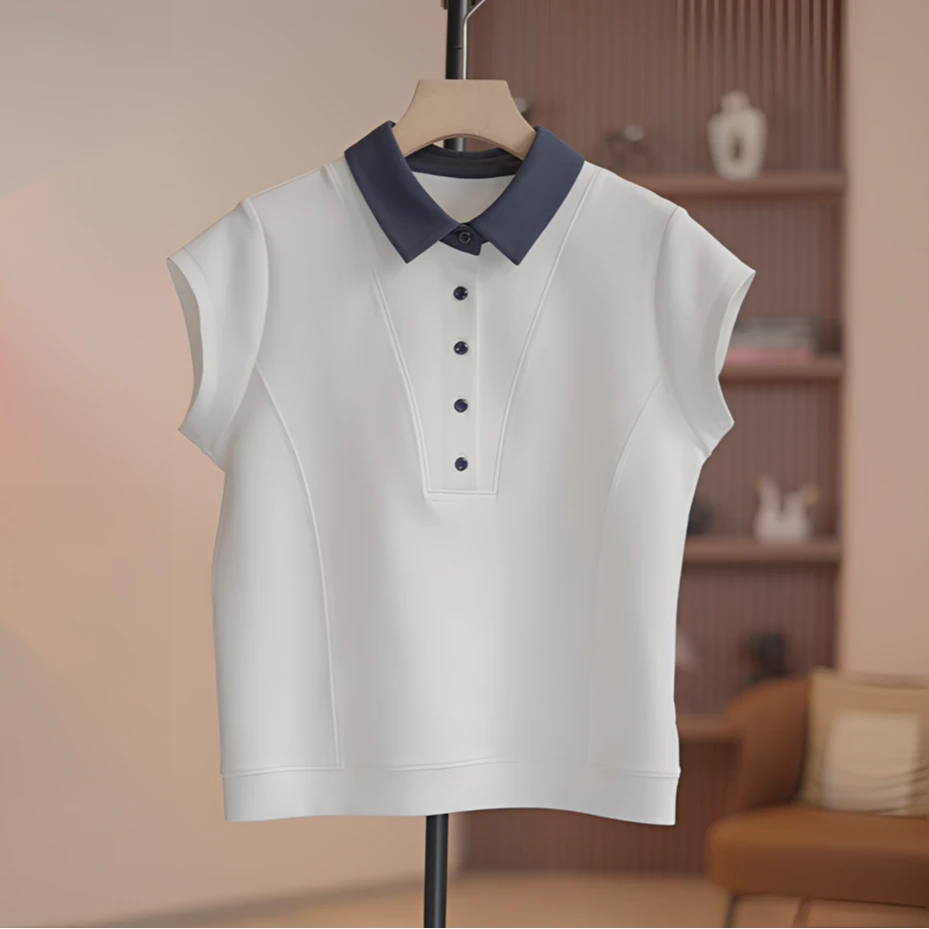 【璐璐】时尚撞色纽扣翻领简约百搭T恤-Y17893