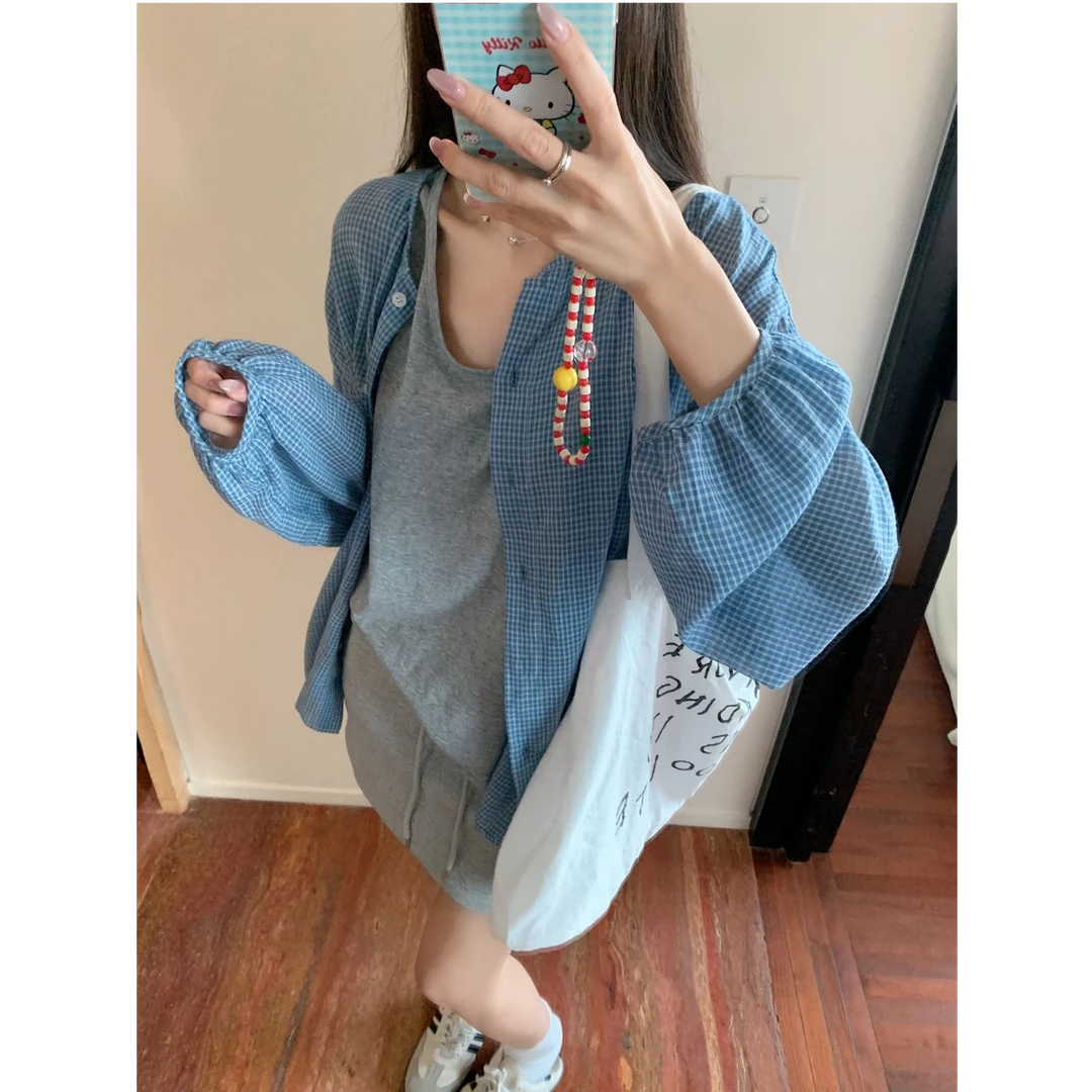 【慵懒假日】韩系格子宽松衬衫夏季百搭防晒外套显瘦宽松衬衣上衣女