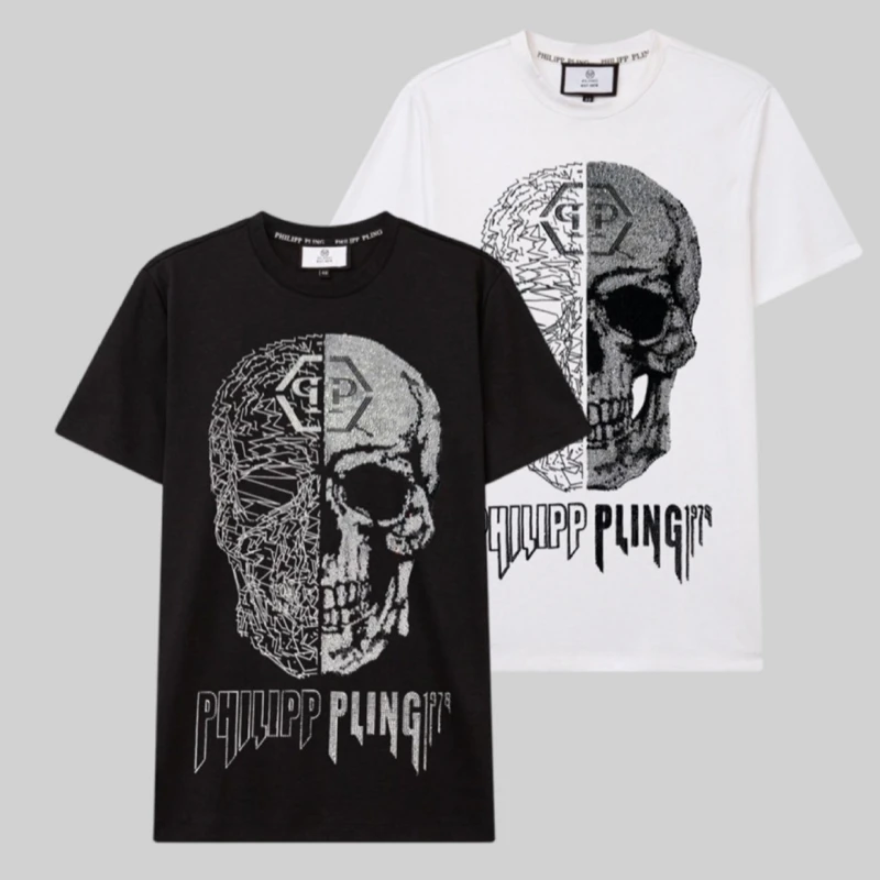 新款轻奢潮流男士短袖重工烫钻3D立体印花潮牌奢潮男款男装