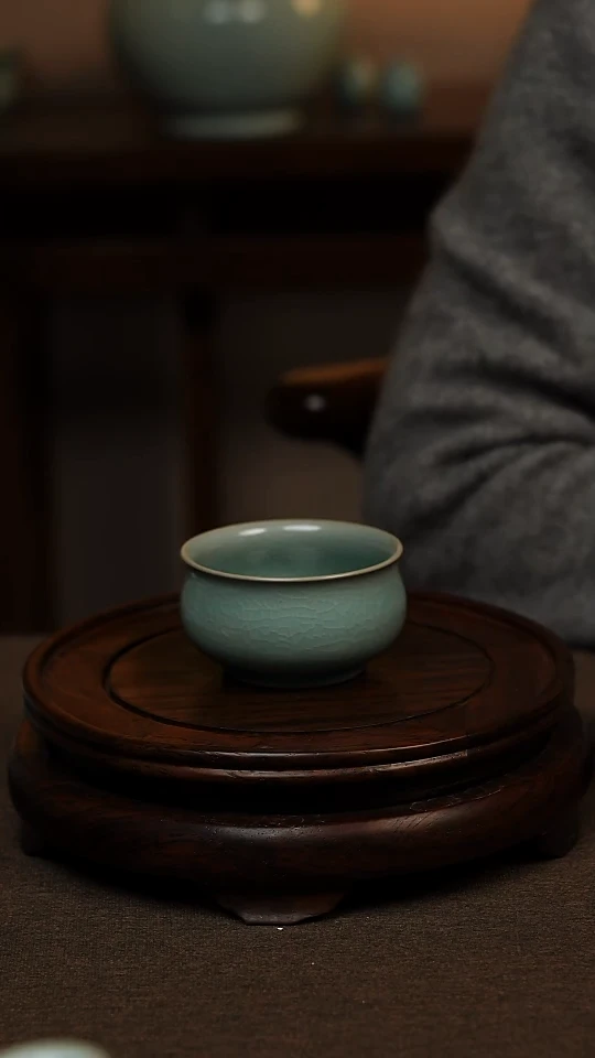 瓷片仿古青绿釉全手工炉式杯90ml 一级礼盒包装