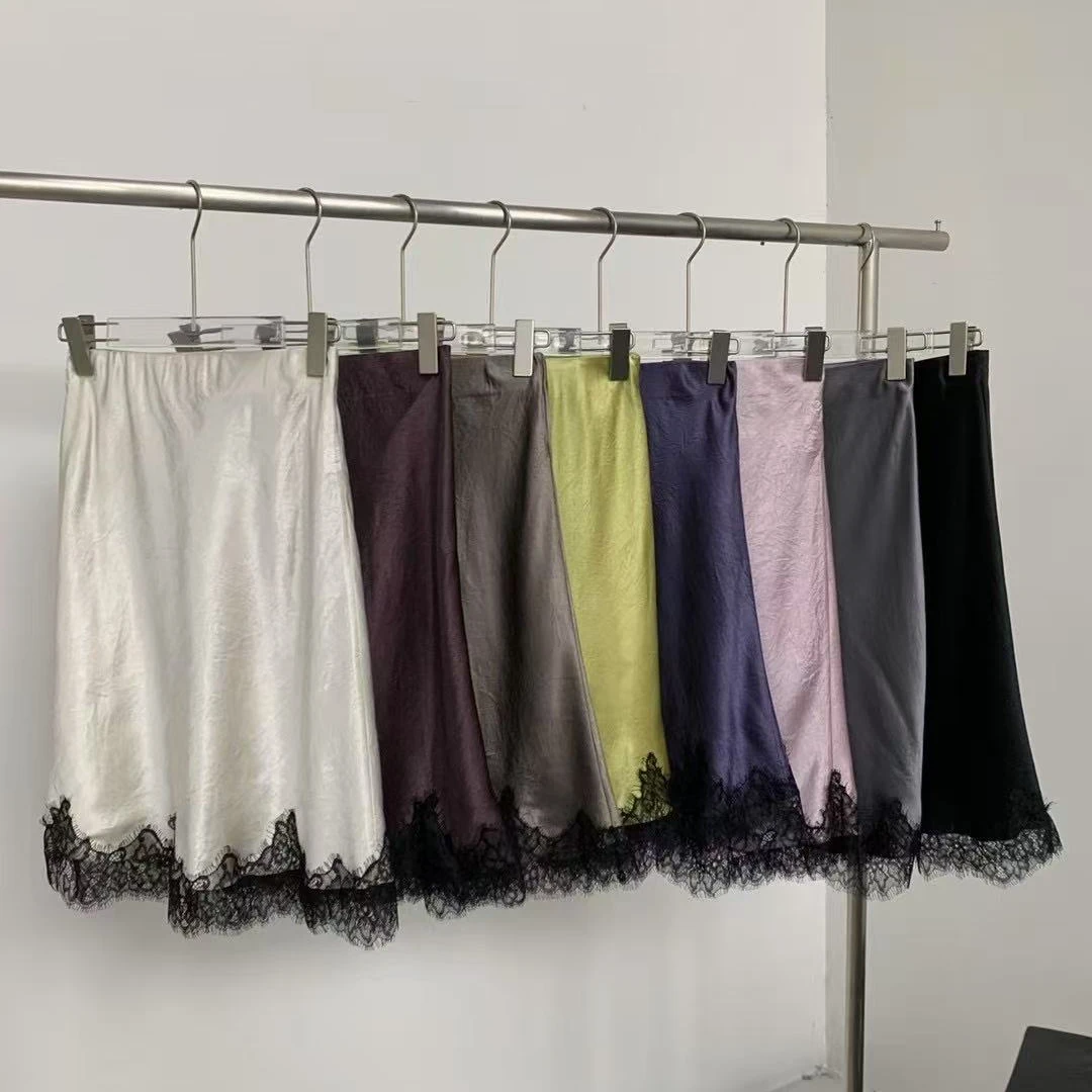 小众设计感醋酸蕾丝拼接下摆直筒女夏高级短款显瘦半身裙