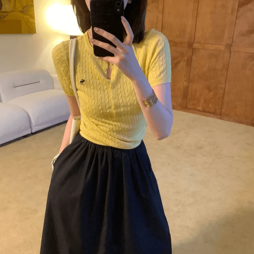 2025夏季简约针织短袖圆领麻花刺绣百搭韩版洋气薄款针织衫女夏