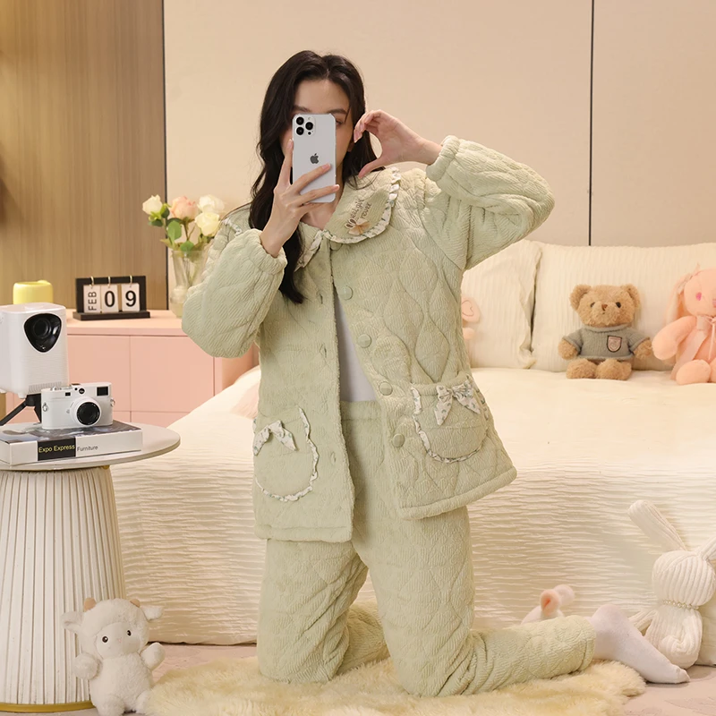 三层夹棉睡衣女冬季保暖加绒加厚娃娃领甜美开衫可外穿家居服套装