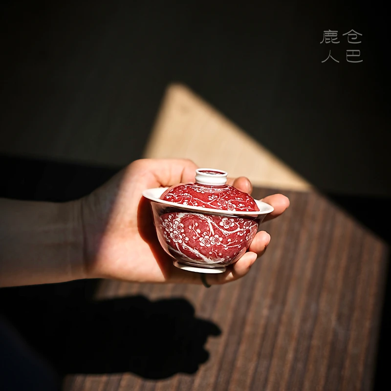 仓巴鹿人 釉里红冰梅盖碗 景德镇陶瓷手绘中式茶具泡茶器