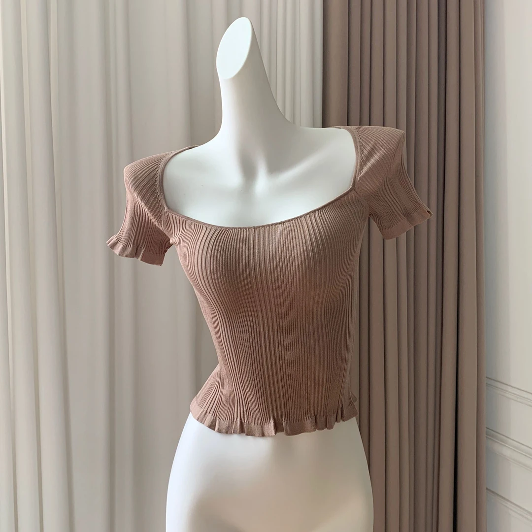 A轮A15【天鹅颈短袖】summer 多巴胺！方领法式针织上衣