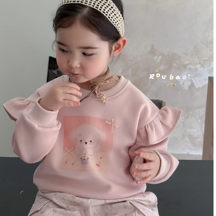 肉宝家 米色小飞袖卡通长袖卫衣 早春新品洋气小童百搭女童韩版