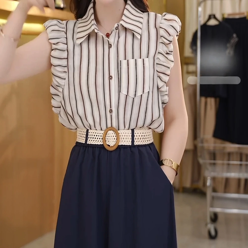小飞袖条纹衬衫+高腰阔腿裤 气质两件套女5330