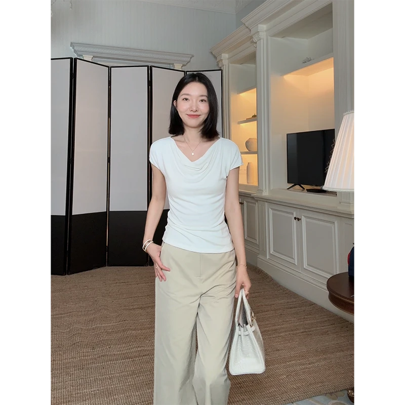 郭九九呢 天丝羊毛简约显瘦短袖t恤简约百搭直筒长裤 G925Y07307