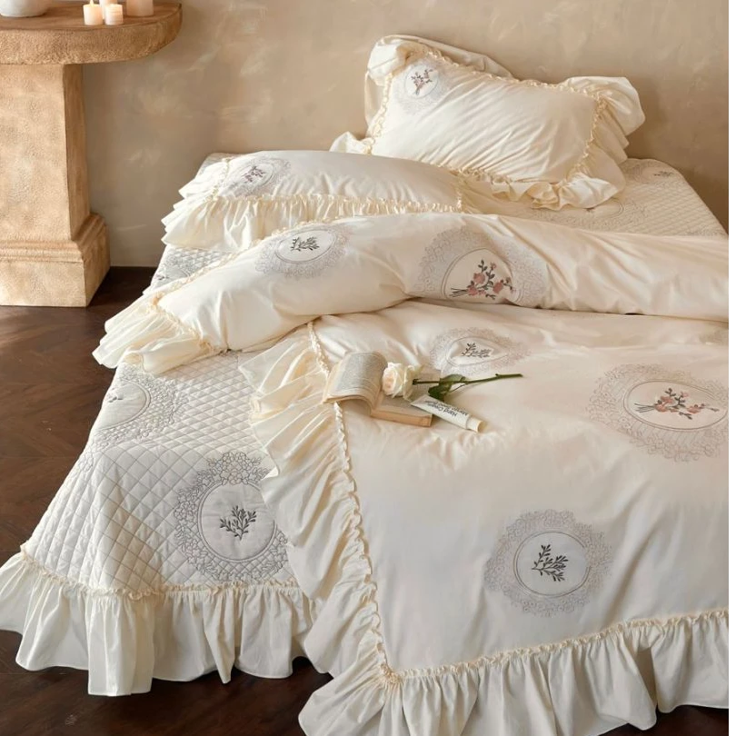 小冲冲【白月光-棉】法式浪漫刺绣荷叶边全棉床盖款四件套