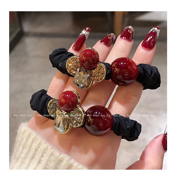 轻奢镶钻扎头花四叶花发圈头绳女高级感网红耐用马尾发绳新款头饰