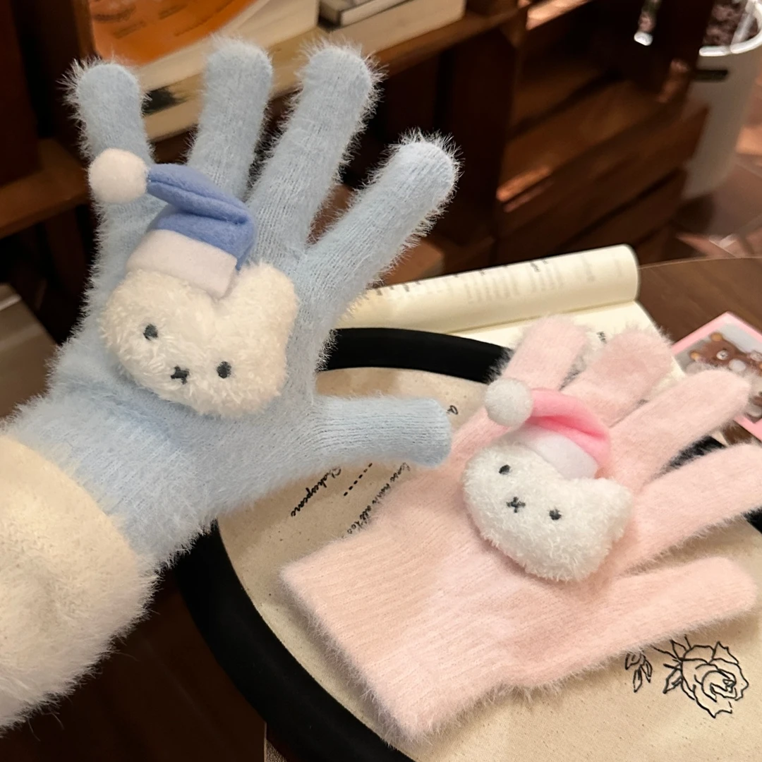 可爱圣诞帽米菲兔手套高颜值毛绒保暖全包分指手套少女送闺蜜礼物