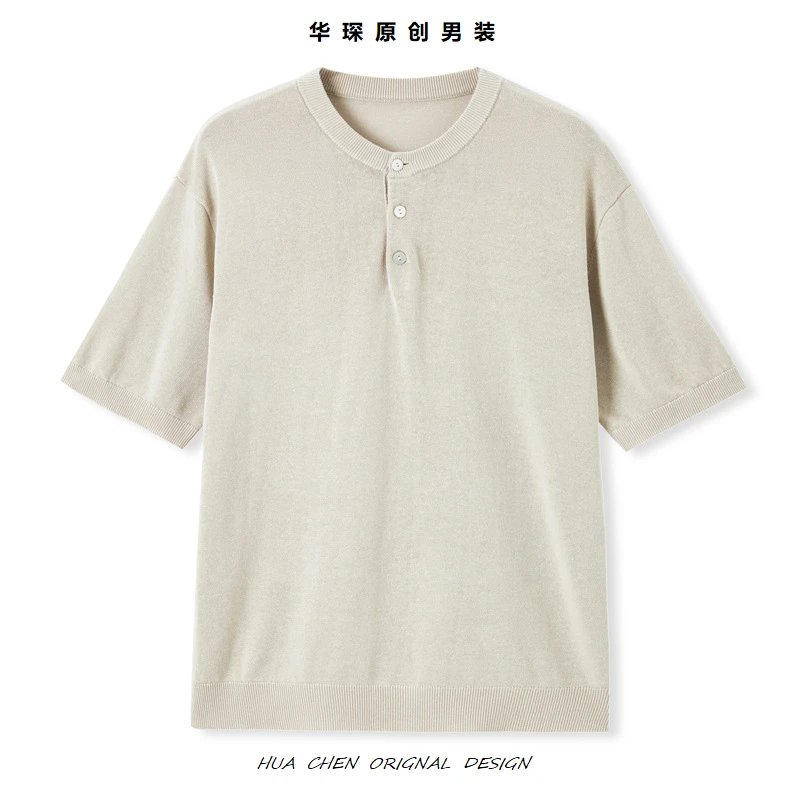 亚麻休闲简约亨利衫莱赛尔透气高弹力短袖夏季男宽松打底针织T恤