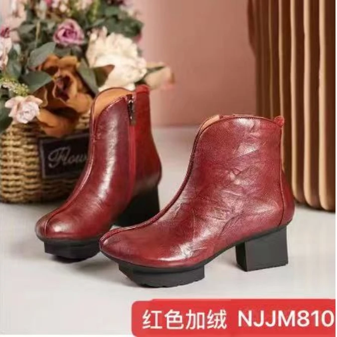 娜家花盆底加绒靴子NJJM（810）时尚百搭民族风女士秋冬复古