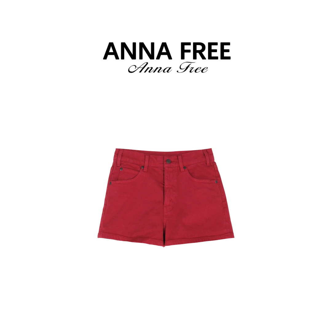 ANNA FREE 新款百搭时尚极简风红色夏季牛仔短裤ZCP25387